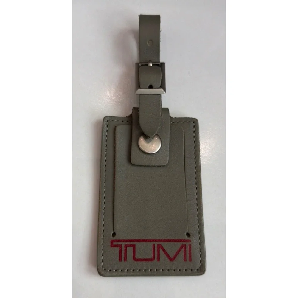 Tumi Grey Leather Luggage Tag Red Logo Buckle Strap Travel Accessory